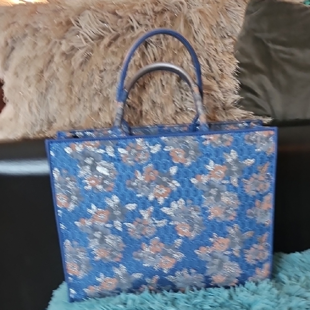 FURLA  Blue and Silver Floral Tote Bag